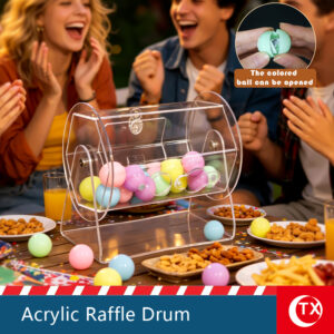 Fully Transparent Acrylic Manual Raffle Spin Drum, 360 Degree Rotatable Lottery Drawing Box, Commercial Event Party Carnival Wedding Game Prize Draw Prop, With 20 Pieces Openable Macaron Color Lottery Balls.