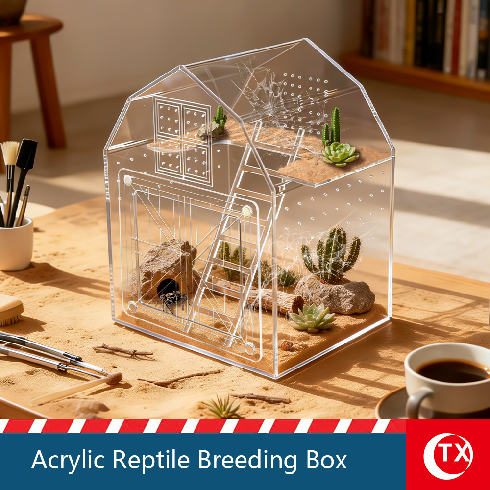 TX Acrylic Reptile Breeding Box, Jumping Spider Terrarium with Multi-Layer Loft, Magnetic Sliding Door Micro Habitat for Gecko, Isopods, Mantis - 360° Clear View Ecosystem (Barn House Style) - Image 2