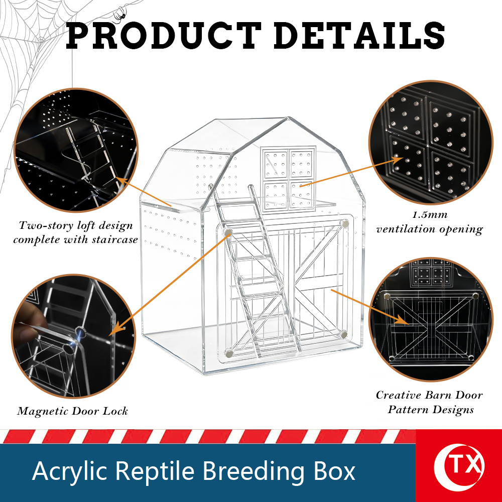 TX Acrylic Reptile Breeding Box, Jumping Spider Terrarium with Multi-Layer Loft, Magnetic Sliding Door Micro Habitat for Gecko, Isopods, Mantis - 360° Clear View Ecosystem (Barn House Style) - Image 3