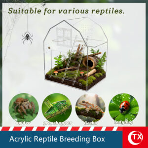 TX Acrylic Reptile Breeding Box, Jumping Spider Terrarium with Multi-Layer Loft, Magnetic Sliding Door Micro Habitat for Gecko, Isopods, Mantis - 360° Clear View Ecosystem (Barn House Style)