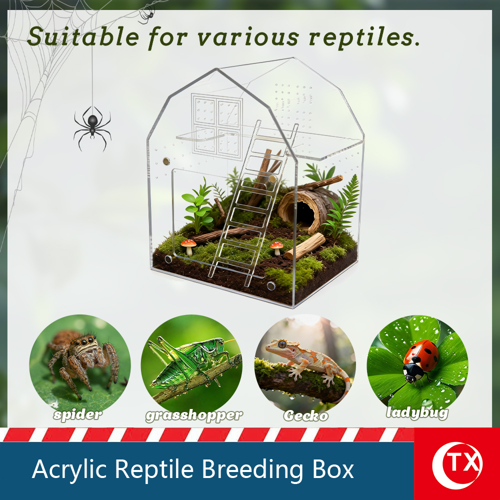 TX Acrylic Reptile Breeding Box, Jumping Spider Terrarium with Multi-Layer Loft, Magnetic Sliding Door Micro Habitat for Gecko, Isopods, Mantis - 360° Clear View Ecosystem (Barn House Style)