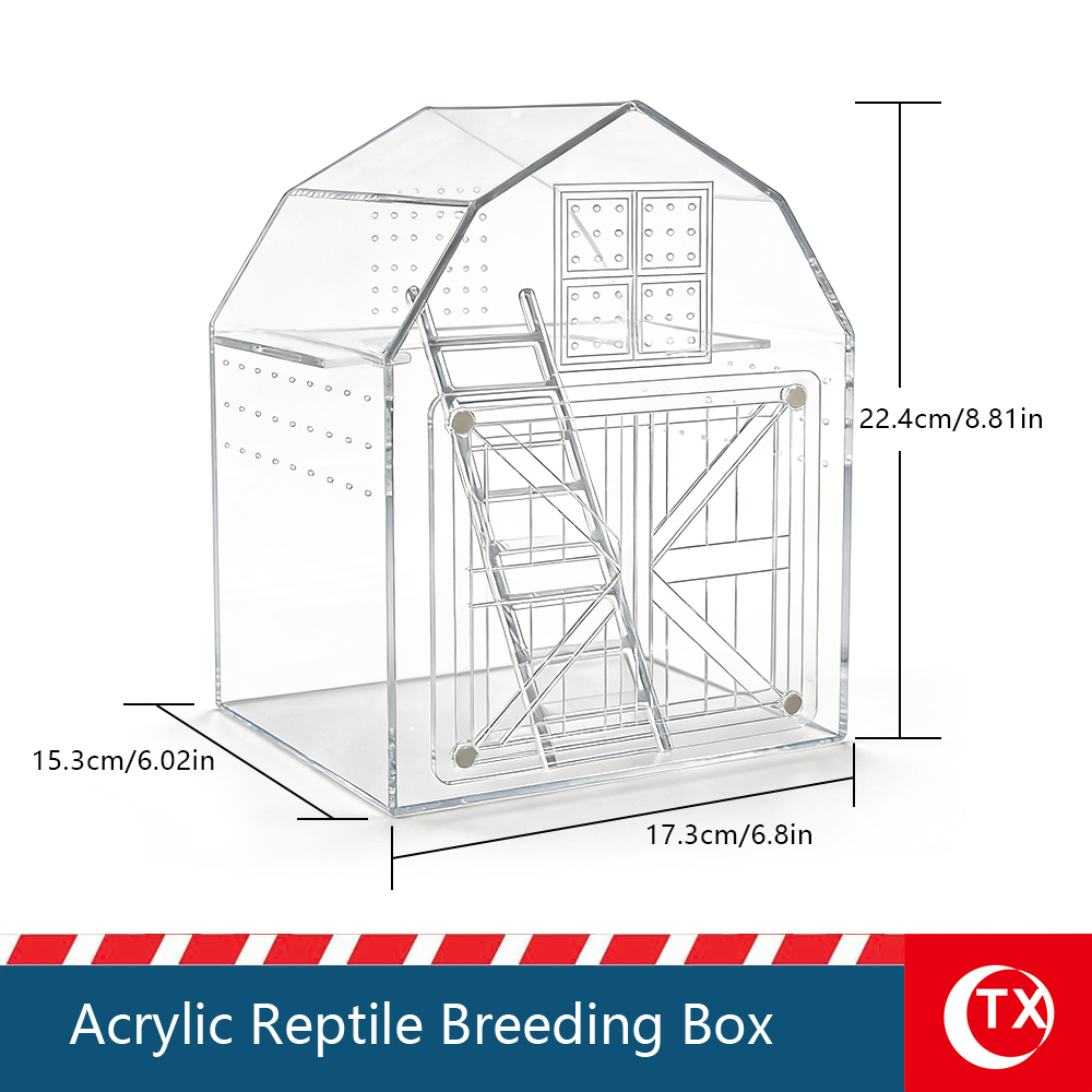 TX Acrylic Reptile Breeding Box, Jumping Spider Terrarium with Multi-Layer Loft, Magnetic Sliding Door Micro Habitat for Gecko, Isopods, Mantis - 360° Clear View Ecosystem (Barn House Style) - Image 4