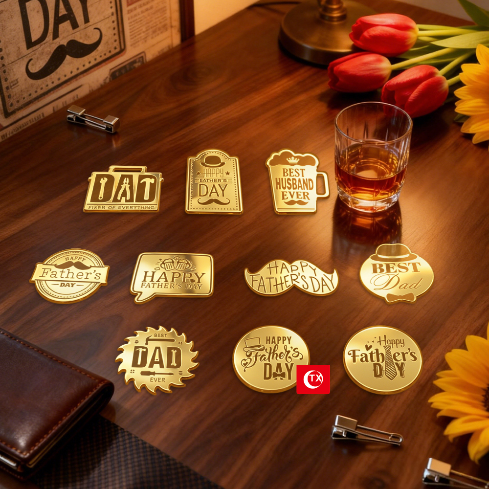 Father's Day Party Cake Decorations, Mirror Gold Acrylic Dad Themed Cupcake Toppers, Baking Picks Set - Image 4