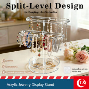 Acrylic Jewelry Organizer Stand - Clear 2-Tier Bracelet Holder & Necklace Hanging Rack - Modern Earring Display with Ring Tray Base for Vanity, Dresser - T-Bar Jewelry Tree
