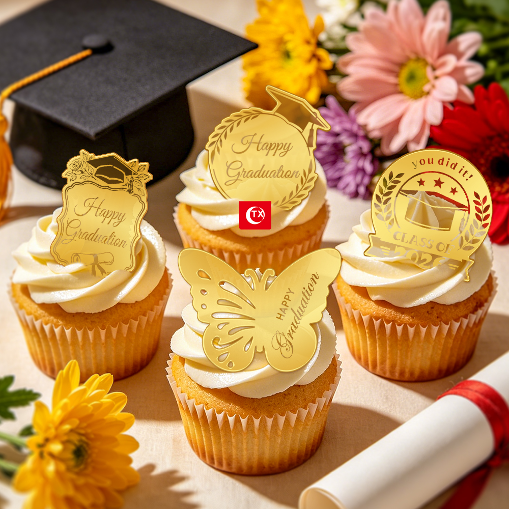 Gold Mirror Acrylic Graduation Cupcake Toppers - 2026 Class of Congrats Grad Dessert Picks, Happy Graduation Cake Decorations for High School & College Graduation Party Supplies