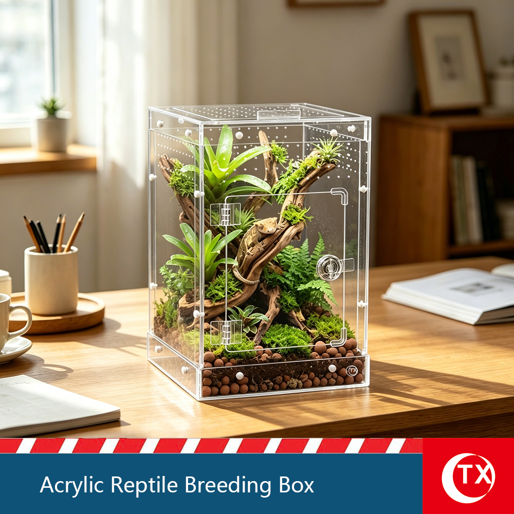 TX Large Acrylic Reptile Breeding Box - 7.9" x 7.9" x 12.2" - Watertight Base, Magnetic Top Lid & Side Opening Door - Easy Assembly, Stackable Habitat for Jumping Spiders, Geckos, Arboreal Reptiles - Image 2