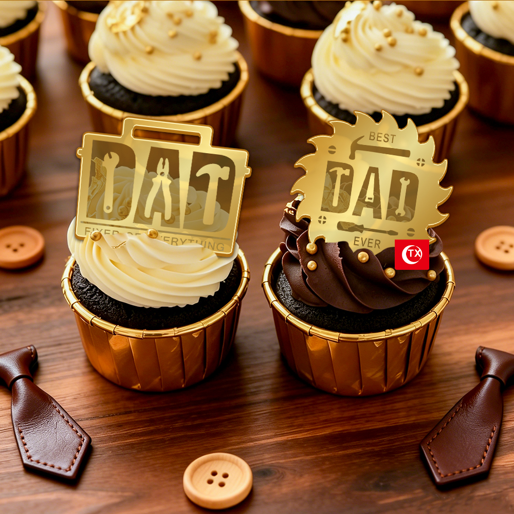 Father's Day Party Cake Decorations, Mirror Gold Acrylic Dad Themed Cupcake Toppers, Baking Picks Set - Image 2