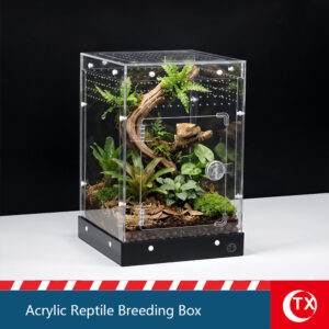 TX Large Acrylic Reptile Breeding Box - 7.9" x 7.9" x 12.2" - Watertight Base, Magnetic Top Lid & Side Opening Door - Easy Assembly, Stackable Habitat for Jumping Spiders, Geckos, Arboreal Reptiles