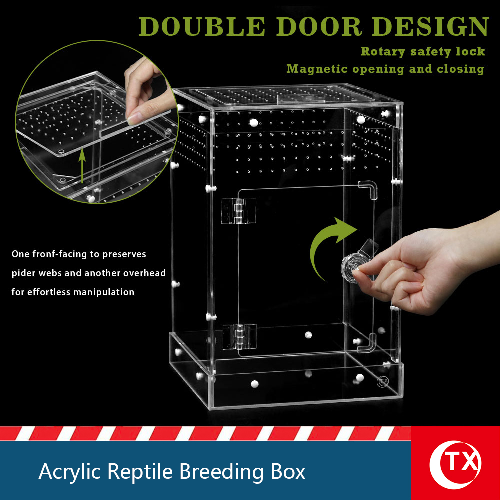 TX Large Acrylic Reptile Breeding Box - 7.9" x 7.9" x 12.2" - Watertight Base, Magnetic Top Lid & Side Opening Door - Easy Assembly, Stackable Habitat for Jumping Spiders, Geckos, Arboreal Reptiles - Image 5