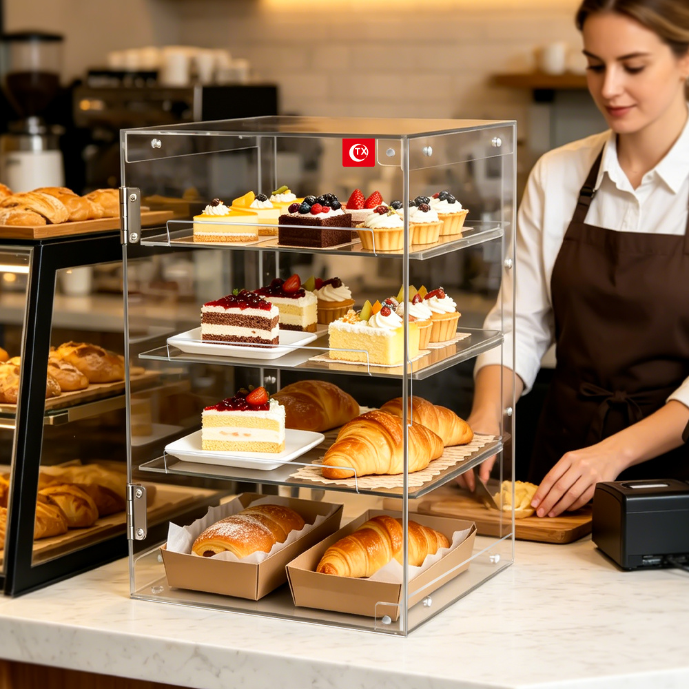 4-Tier Clear Acrylic Bakery Display Case, Food-Grade Pastry Display Cabinet with Removable Trays & Hinged Door, Dustproof Countertop Storage Box for Cupcakes, Bread, Donuts, Desserts