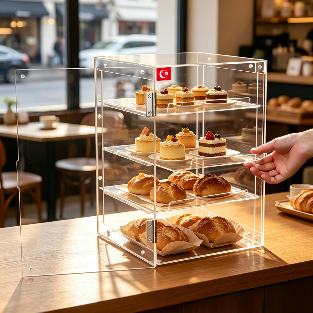 4-Tier Clear Acrylic Bakery Display Case, Food-Grade Pastry Display Cabinet with Removable Trays & Hinged Door, Dustproof Countertop Storage Box for Cupcakes, Bread, Donuts, Desserts - Image 2