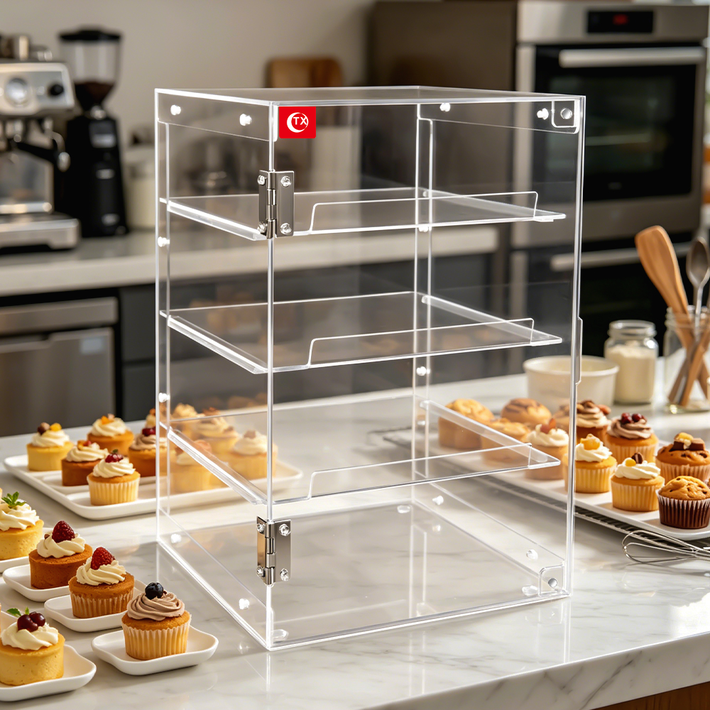 4-Tier Clear Acrylic Bakery Display Case, Food-Grade Pastry Display Cabinet with Removable Trays & Hinged Door, Dustproof Countertop Storage Box for Cupcakes, Bread, Donuts, Desserts - Image 3