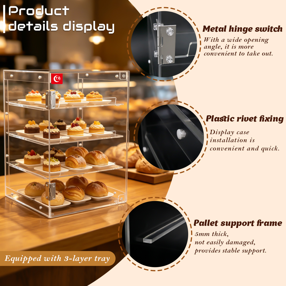 4-Tier Clear Acrylic Bakery Display Case, Food-Grade Pastry Display Cabinet with Removable Trays & Hinged Door, Dustproof Countertop Storage Box for Cupcakes, Bread, Donuts, Desserts - Image 4