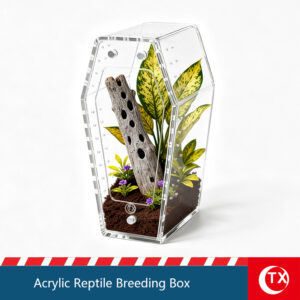 Mini Size Acrylic Coffin Shaped Jumping Spider Enclosure, Clear, Magnetic Lid, Install Free Reptile Habitat